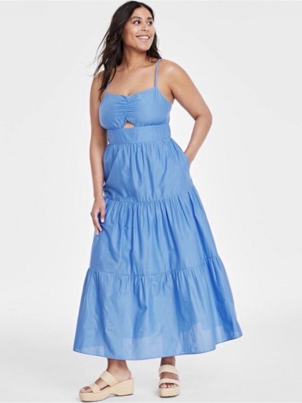 Light Blue Tiered Maxi Dress with Front Cutout